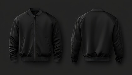 A modern black jacket for men, displayed in a template format, featuring front and back views for graphic design use