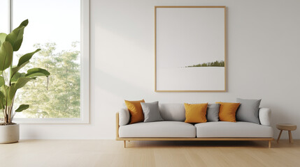 Wall Mural - Serene Minimalist Living Room, bright white walls, spacious wooden floor, elegant sofa, large window showcasing a tranquil landscape view