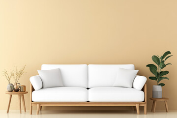 Wall Mural - Stylish Living Room Design, Elegant white sofa, natural wood furniture, modern home accessories, bright beige backdrop, inviting ambiance