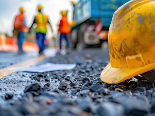 Yellow safety helmet on gravel road with blurred construction workers in the background, illustrating construction, teamwork, and safety concept.