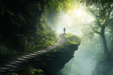 narrow path through forest: man hiking on winding, dangerous trail towards light