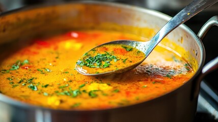 Wall Mural - Pot of colorful, spicy soup with fresh herbs cooked on stove