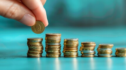 A hand placing a gold coin on top of a stack of coins, symbolizing saving money and increasing wealth.