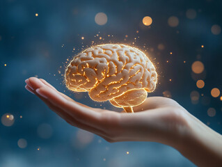 Hand Holding Human Brain. Futuristic Concept of Intelligence, science and mind. 