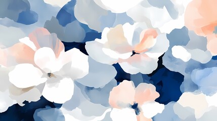 Wall Mural - Abstract Blue  White  and Peach Watercolor Floral Painting