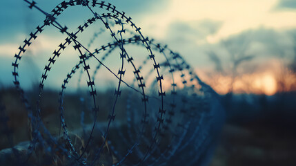 A close-up image of barbed wire against a blurry sunset sky.