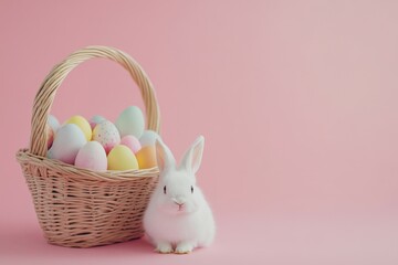 Wall Mural - small white rabbit sitting next to a wicker basket overflowing with colorful easter eggs on a pink b