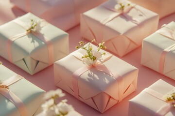 Wall Mural - Elegantly wrapped gifts decorated with flowers are lying on a pink background, creating a festive and stylish atmosphere
