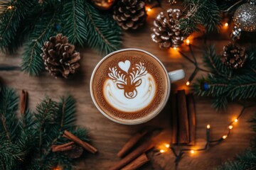 Cappuccino decorated with a reindeer design sits on a wooden table surrounded by christmas decorations