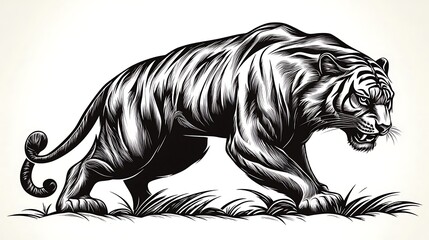 Simple outline of a tiger crouching low, ready to strike, minimalist line art on a pure white backdrop, fine lines emphasizing the tiger's focus and strength, hd quality, soft strokes, natural feel.