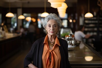 Canvas Print - Portrait of a senior woman standing in a restaurant. She is looking at the camera.