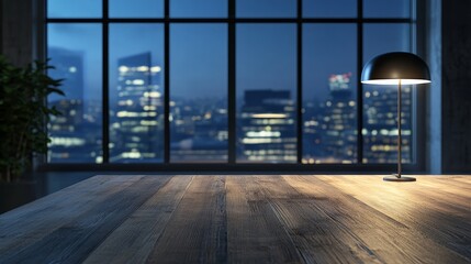 Close-up of a copy area for your product display in a contemporary, dark office at night. The area is situated on a hardwood table near the window and has a table lamp. 3D modeling and rendering
