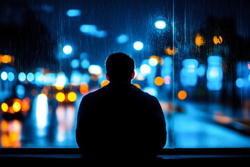 A faceless man sitting with his back turned on a rainy day, reflecting the concept of Blue Monday.