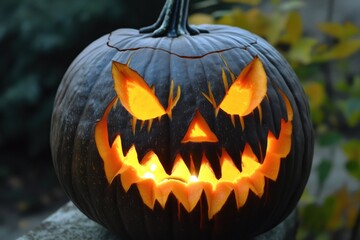 A close-up of a carved pumpkin with an evil grin, illuminated from within, perfect for Halloween.