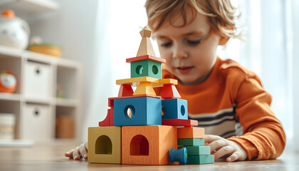 Child playing with toy pyramid indoors, closeup. ABA therapy concept isolated with white highlights, png