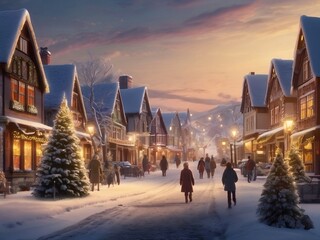 Snow covered Christmas town at night, and people walking in the streets, celebrating the holiday spirit.