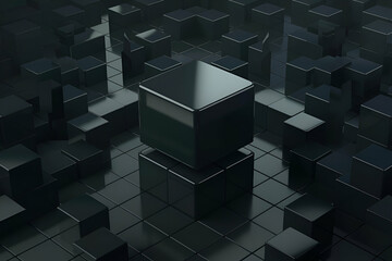 A futuristic, abstract scene featuring a prominent central cube surrounded by smaller cubes, all set in a shadowy, monochromatic environment.