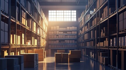 Poster - Bright Warehouse with Shelves and Boxes at Sunset