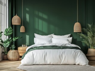 Luxurious minimalist women's bedroom with dark green walls, white bed and wooden accents