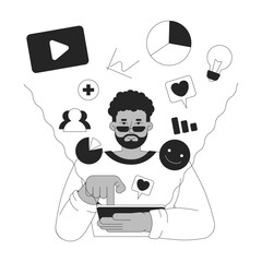 Social media manager black and white 2D illustration concept. SMM managing online presence with tablet outline character isolated. Digital marketing advertising metaphor monochrome vector art