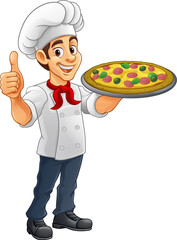 Canvas Print - A chef cook holding a pizza cartoon food man mascot character illustration