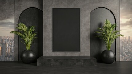 A modern interior showcasing a dark minimalist wall with a blank frame and two potted plants, set against a city skyline backdrop.