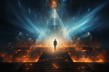 Wall Mural - a lone figure walks towards a glowing pyramid, symbolizing ascension and achievement.