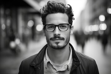 Canvas Print - Portrait of a handsome young man with beard and glasses in urban background