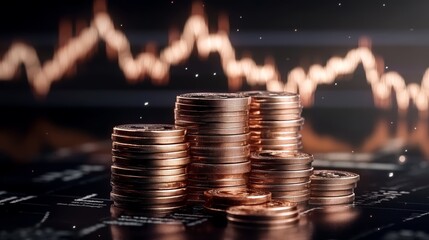 A stack of coins with a fluctuating line graph in the background, representing financial growth and trading in a dynamic market.