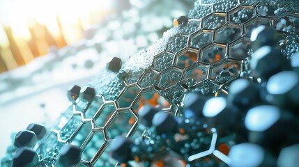 Hexagonal structures and molecules depict advanced composite materials and nanotechnology.