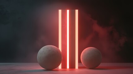 Two white spheres are placed on a surface in front of a tall rectangular prism with a glowing red line down its center.  The background is dark with some red smoke.