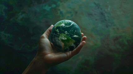 A hand holds a small globe against the backdrop of a green forest.