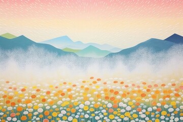 Sticker - White flower field mountain landscapes backgrounds outdoors painting.