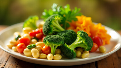 Vibrant and Nutritious Meal: A Colorful Plate of Broccoli, Beans, and Fresh Vegetables