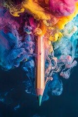 A floating pencil with an abstract  colourful smoke