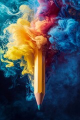 Wall Mural - A floating pencil with an abstract  colourful smoke