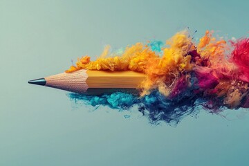 Wall Mural - A floating pencil with an abstract  colourful smoke