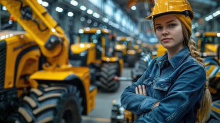 Girl worker in yellow helmet and uniform at tractor production. Production concept