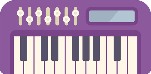 Wall Mural - Purple synthesizer keyboard with white keys and a digital interface is creating electronic music