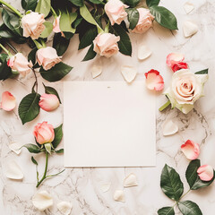 A white card with a blank space sits on a bed with three pink roses