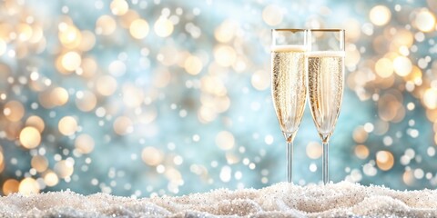 Two champagne glasses sparkling against a festive light blue background with gold bokeh and snow, perfect banner for wedding celebrations, anniversaries, elegant New Year's Eve or Christmas parties