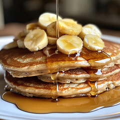 Healthy summer breakfast, homemade classic american pancakes with fresh fruit and honey, morning light background copy space top view
