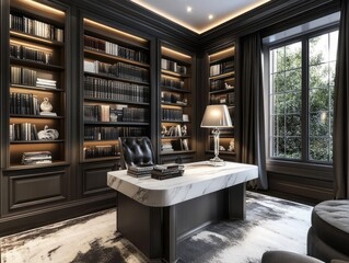 Design an elegant library with dark gray shelving and white marble accents