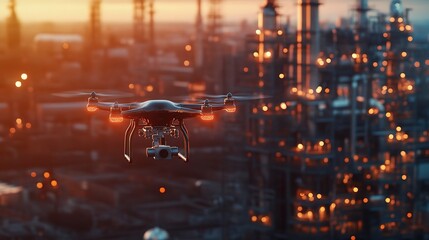 Poster - Drone Above Industrial City at Sunset