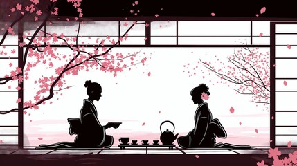 Minimalistic flat illustration of two people enjoying a traditional tea ceremony amid cherry blossoms