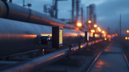 Canvas Print - Industrial Pipe System at Dusk with Lights