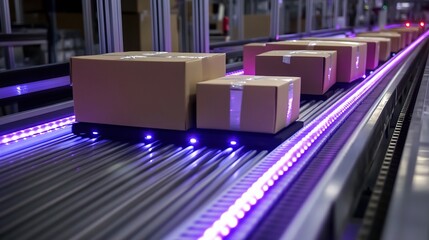 Poster - Boxes on Conveyor Belt in Modern Warehouse Setting