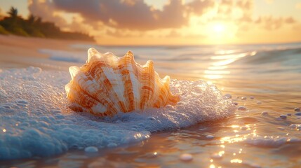 Poster - A seashell resting on a beach at sunset, surrounded by gentle waves.