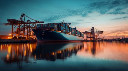 Large container ship docked at a busy port at sunset