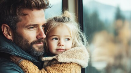 Father and daughter share a meaningful moment staring through a train window, wrapped tightly in warm clothing, taking in breathtaking scenery together.